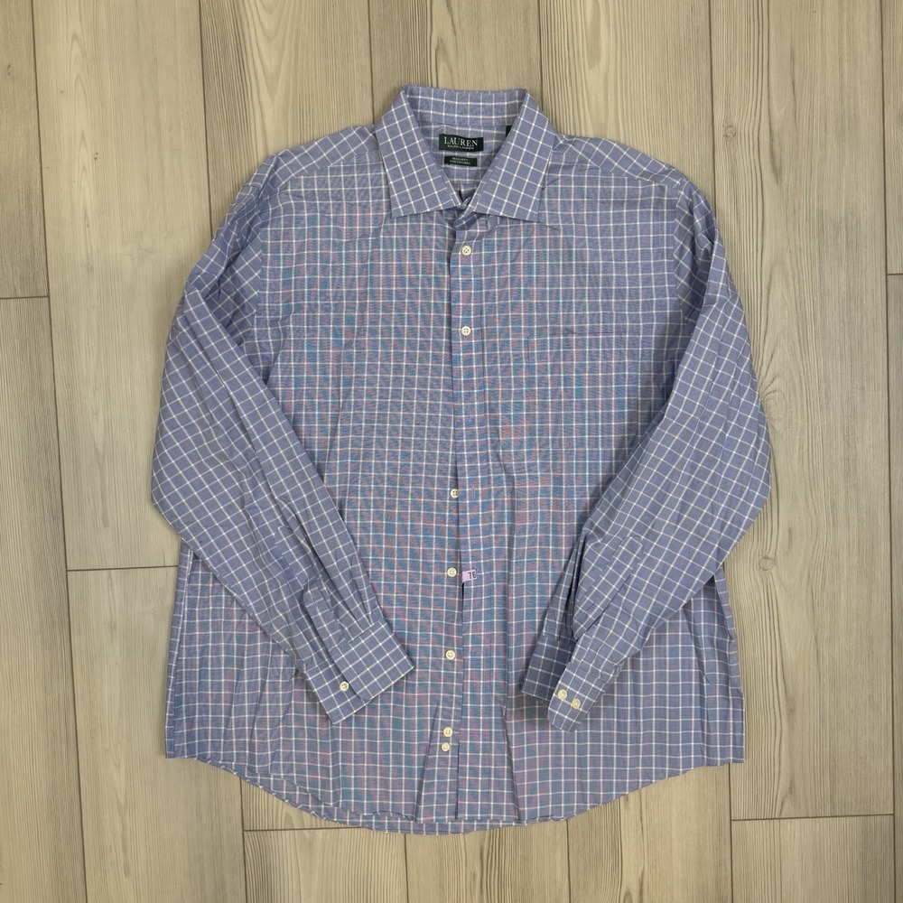 Lauren Ralph Lauren Long Sleeve Button Shirt 17 1/2 34/35 XL Blue Check Cotton